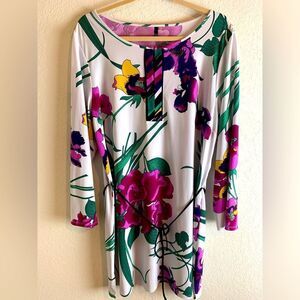 Tahari: White tunic blouse with orchids and vibrant colors.